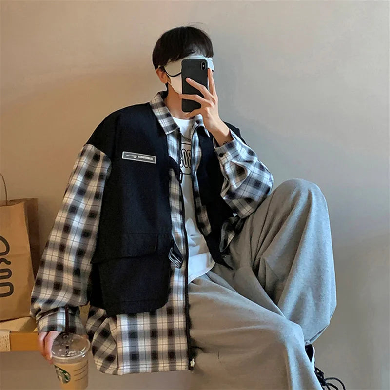 Streetwear New Fake Two Piece Zip Plaid Cargo Shirts Mens Japanese Streetwear Fas 2024 New Fake Two Piece Zip Plaid Cargo Shirts Mens Japanese Streetwear Fashion Social Shirt Autumn Long Sleeve Baggy Y2K Shirt Fashion Sweater Jacket With Graphic Design For Men