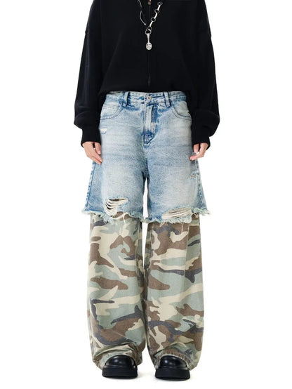 Camouflage Patchwork Jeans Mens Fake Two Items Street Punk Unisex Denim Pants Multiple Pockets Blue Size S-3XL Cowboy Trousers Street King Limited