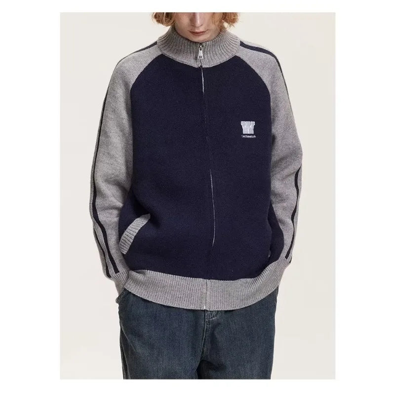 2023 College Vintage Knit Cardigan Men Harajuku Letter Print Patchwork Sweater Casual Loose Zipper Pull Homme Spring Autumn Street King Limited