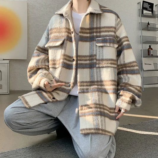 winter y2k vintage striped woolen jackets for men patchwork long sleeve plaid cardigan coats high street cargo shirt jacket utility cargo pants