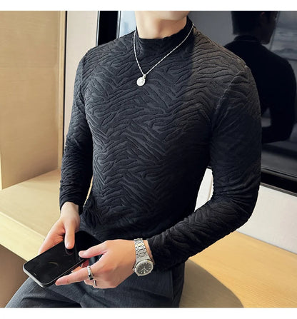 Semi-turtleneck Stretch Slim Fit T Shirt Men Long Sleeve Thicken Velvet Tiger-pattern Bottom T-shirt Business Casual Tshirt Street King Limited