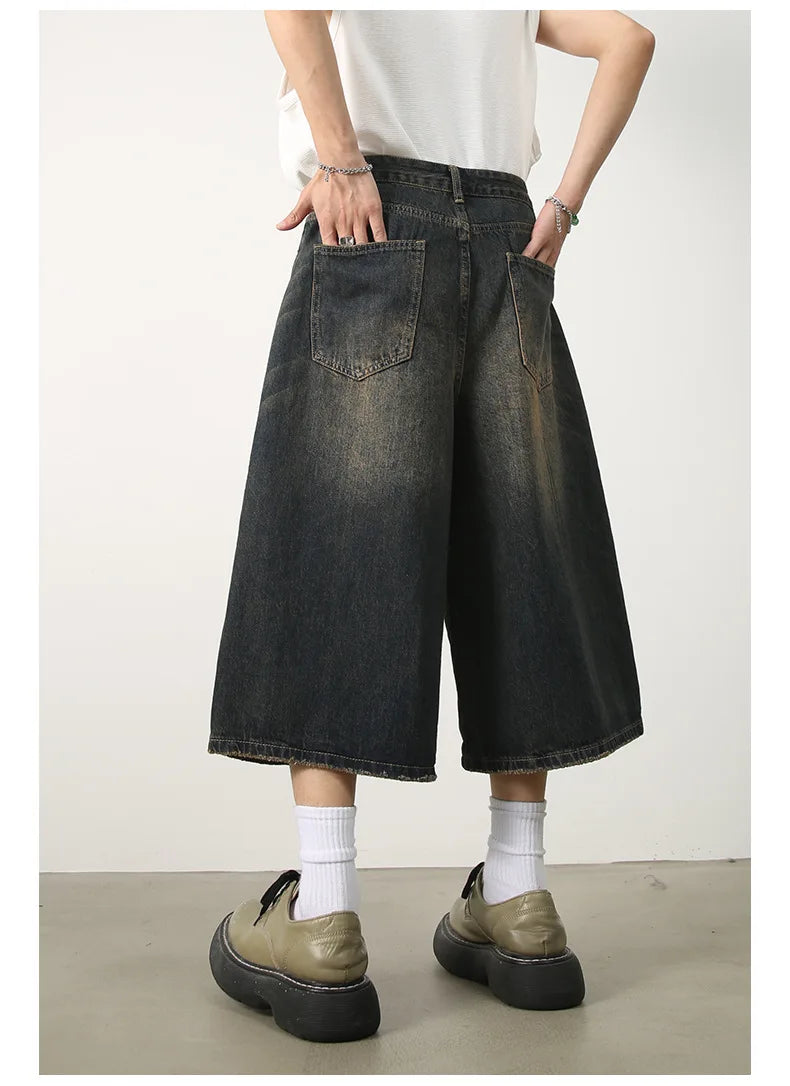 men summer streetwear fashion loose casual wide leg denim calf length jeans pants male vintage jeans baggy hosen pants unique jeans style 1487