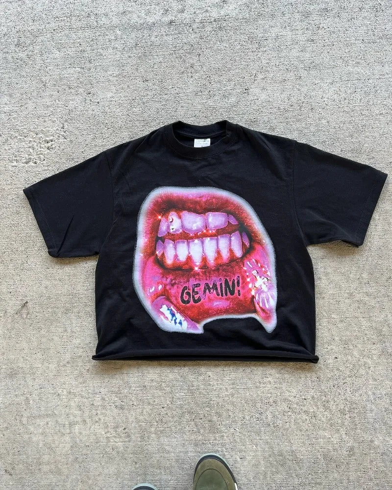 Trendy Gothic Big Mouth Graphic Printed Oversized T-shirt Women's 2024 New Summer Round Neck Loose Harajuku All-match Shirt Top Street King Limited