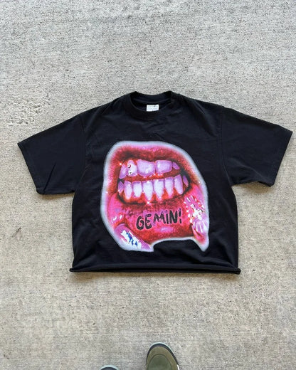 Trendy Gothic Big Mouth Graphic Printed Oversized T-shirt Women's 2024 New Summer Round Neck Loose Harajuku All-match Shirt Top Street King Limited