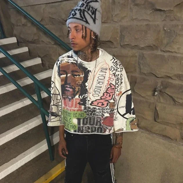 Hip Hop Graffiti Y2K T Shirt Mid Long Sleeve Men Women Punk Style Graphic Printed Oversized T Shirt Harajuku Loose Short Sleeved Street King Limited