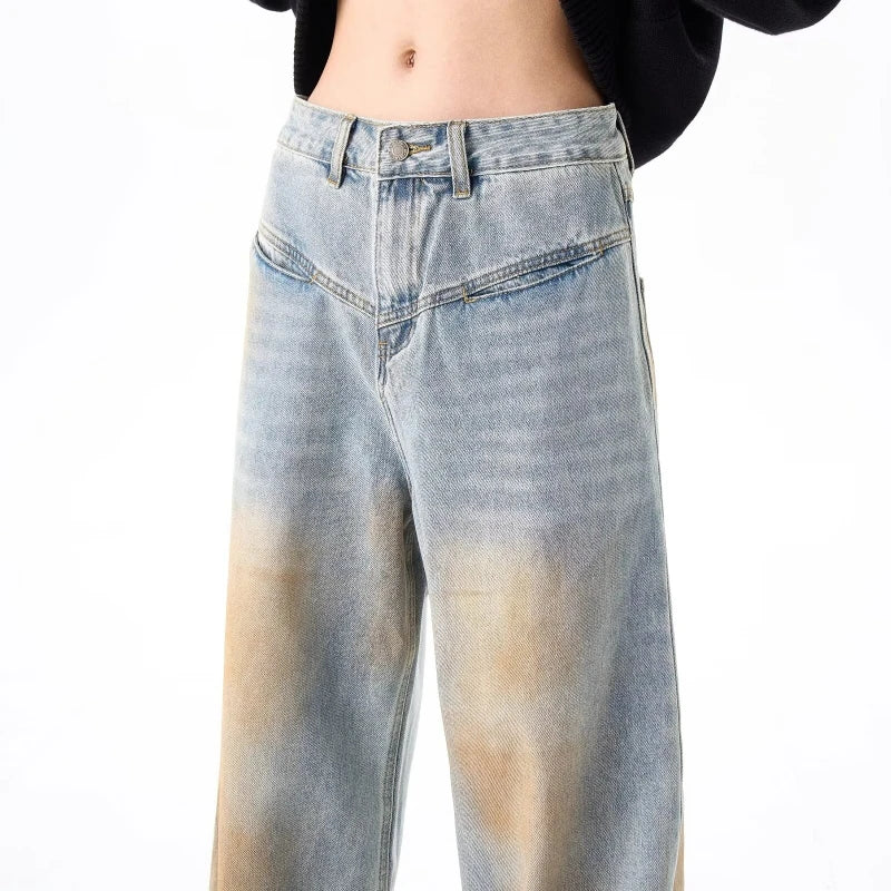 2024 High Street Washed Mens Jeans Gradient Color Blocking Hip Hop Blue Cowboy Pants Loose Straight Leg Denim Trousers Trend Street King Limited