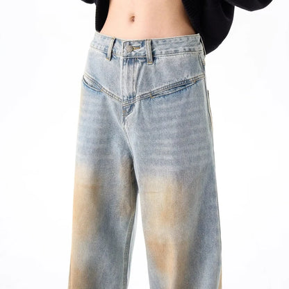 2024 High Street Washed Mens Jeans Gradient Color Blocking Hip Hop Blue Cowboy Pants Loose Straight Leg Denim Trousers Trend Street King Limited