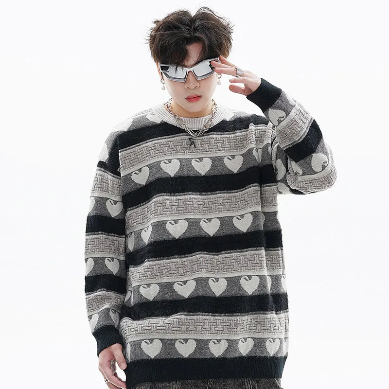 Men's Heart Jacquard Knitted Sweater Vintage Casual Striped Pullover High Street Harajuku Streetwear Oversized Loose Jumpers Street King Limited