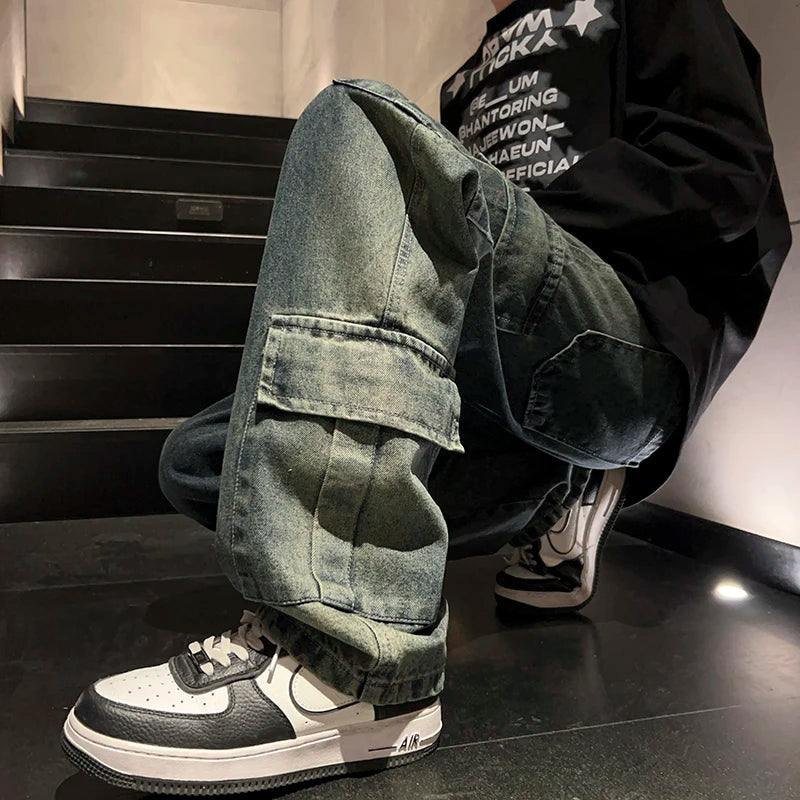 Washed Distressed Cargo Pants High Street Style Men's Jeans Side Pockets Denim Wide-leg Trousers Casual Loose Trousers Street King Limited