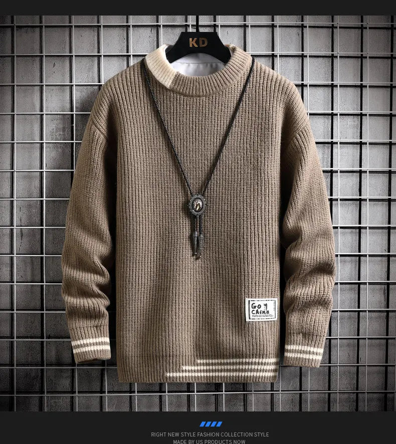 Autumn Winter Men Sweater Warm Top New Fashion Stitching Color Matching Pullover Round Neck Sweater Thickened Knitted Sweater Street King Limited