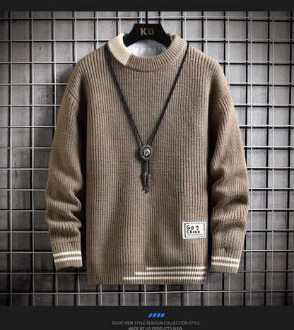 Autumn Winter Men Sweater Warm Top New Fashion Stitching Color Matching Pullover Round Neck Sweater Thickened Knitted Sweater Street King Limited