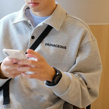 Spring new trendy brand ins loose casual polo lapel sweatshirt men's waffle top long-sleeved T-shirt women clothing y2k tops emo Street King Limited