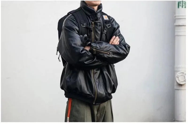 japanese street motorcycle set men thickened stand collar hip hop leather jacket harajuku casual pants 2 pcs bomber suit 2023 unique default style 4349