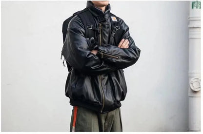 japanese street motorcycle set men thickened stand collar hip hop leather jacket harajuku casual pants 2 pcs bomber suit 2023 unique default style 4349