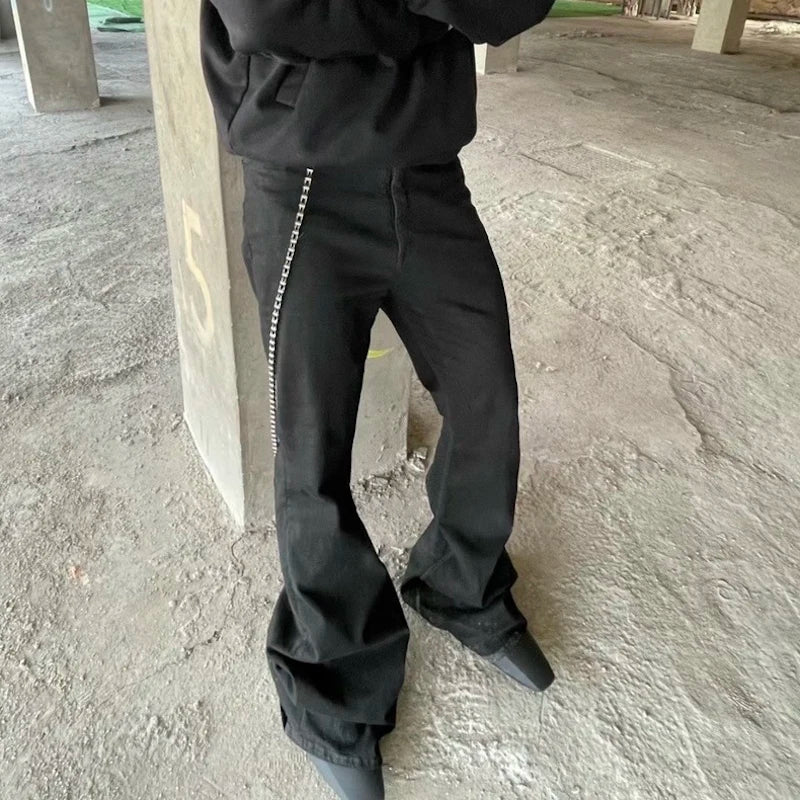 RO Style Ribbons slightly Stretch Baggy Flared Jeans for Men High Street Black Color Boom Cut Oversized Casual Denim Trousers Street King Limited