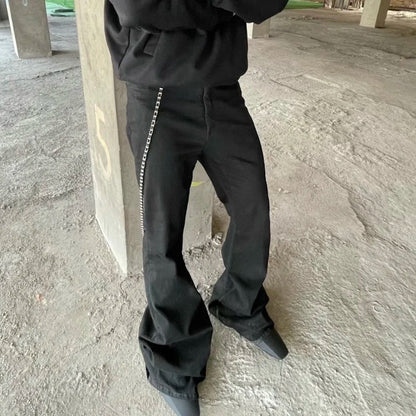 RO Style Ribbons slightly Stretch Baggy Flared Jeans for Men High Street Black Color Boom Cut Oversized Casual Denim Trousers Street King Limited