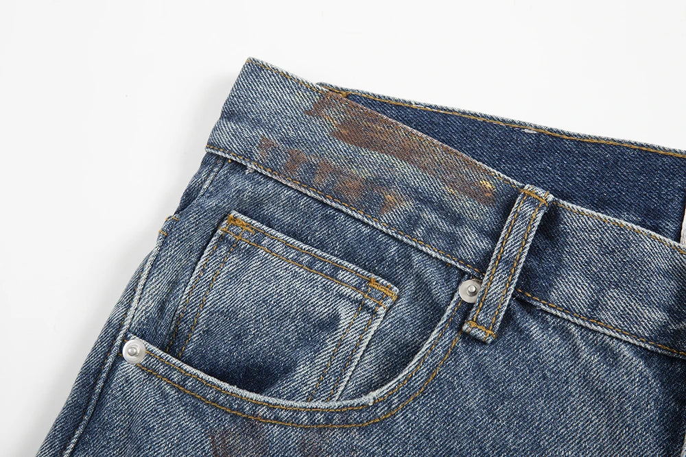 green painted hole washed blue baggy jeans mens streetwear distressed casual loose denim trousers ropa hombre frayed cargo pants unique cargo style 4334
