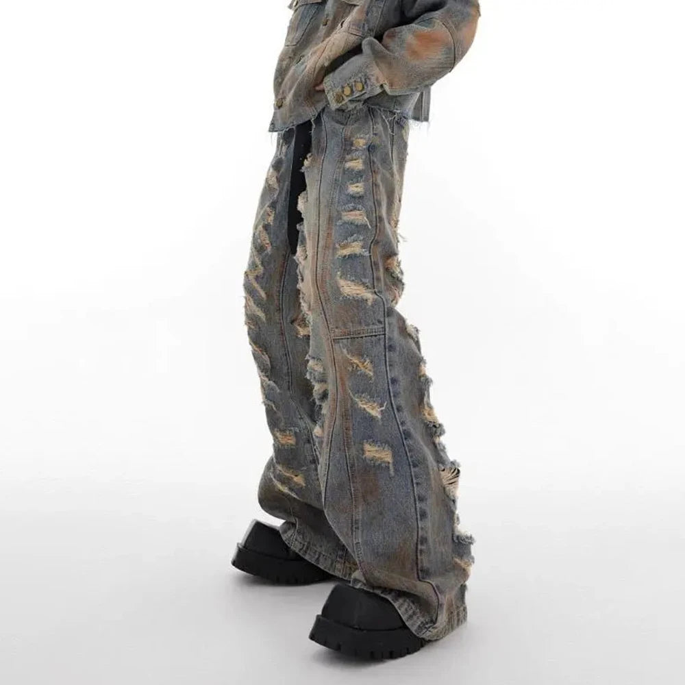 mens denim jacket jeans wilderness construction site style distressed washed holes street wear fashion versatile mens wear 2024 unique jeans style 3072