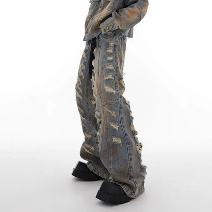 mens denim jacket jeans wilderness construction site style distressed washed holes street wear fashion versatile mens wear 2024 unique jeans style 3072