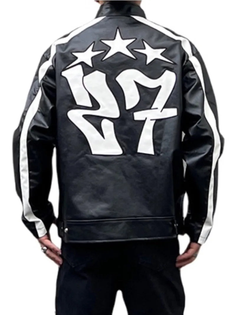 men racing jackets fashion letter embroidery patchwork jacket coats hip hop pu lether outerwear autumn casual streetwear jackets relaxed fit trousers