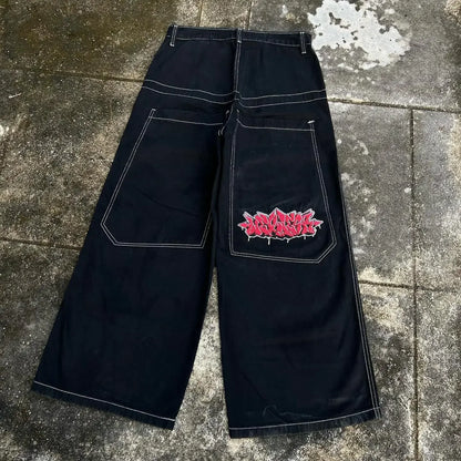 wexwear embroid baggy jeans harajuku hip hop graphic high waist wide trouser streetwear y2k jeans men women gothic black pants unique jeans style 1865