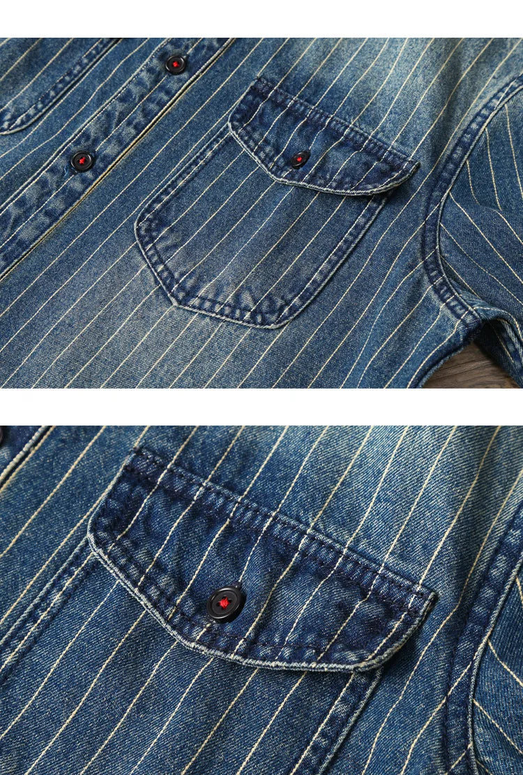 Amekaji VIntage Denim Shirt Men Spring Autumn New Lapel Multi-pocket Blue Striped Long Sleeve Cargo Shirt  Casual Cardigan Tops Street King Limited