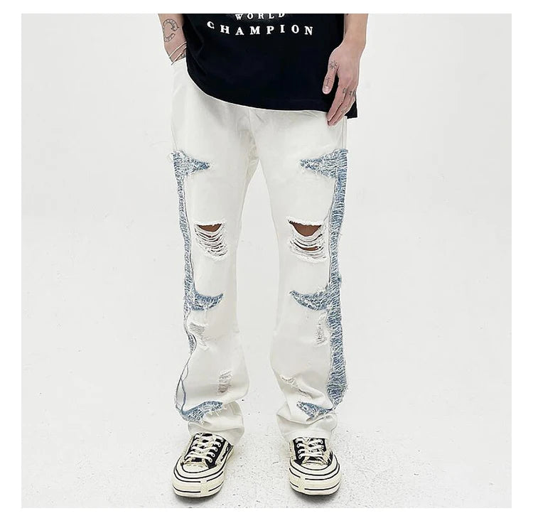 mens high street denim jean pants casual loose destroyed ripped holes straight jeans side patchwork hip hop streetwear joggers unique joggers style 1731