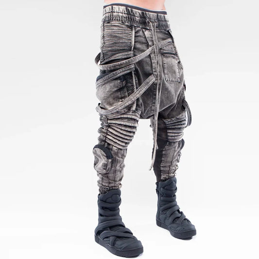 vintage motorcycle trousers joggers mens asymmetric straped pleated cross pants function elastic waist trousers relaxed fit joggers