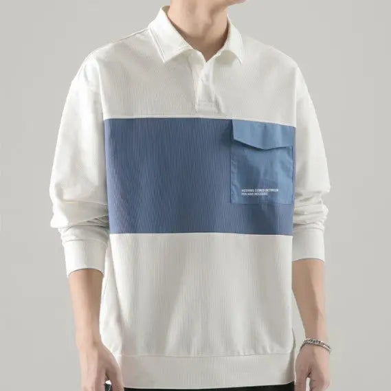 New polo shirt men's contrast color lapel spliced long sleeve t-shirt japanese large size loose sweatshirt bottoming shirt tops Street King Limited