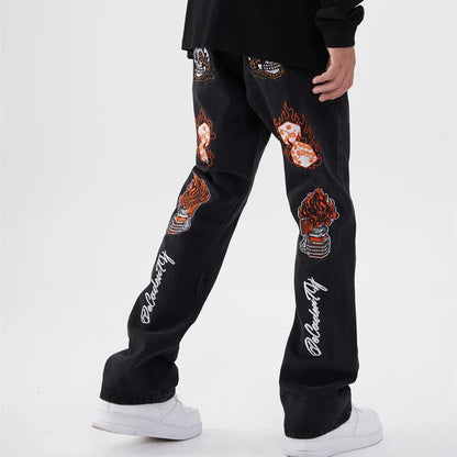 fashion back skull letters embroidery denim flare jeans mens zipper straight trouser hip hop streetwear pants joggers jeans men casual joggers