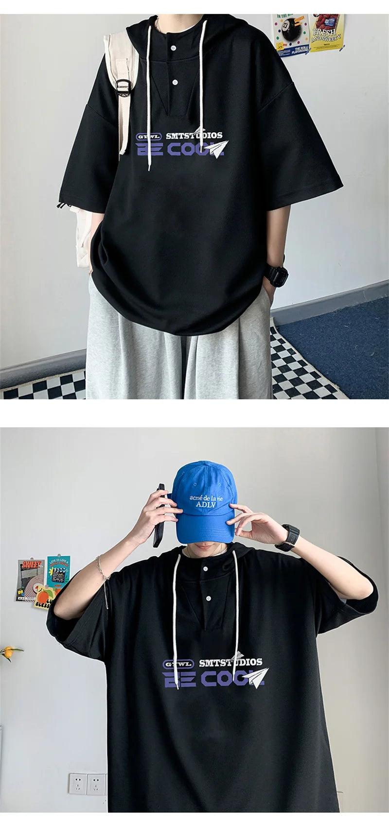 New Men's Casual Hooded Y2K T-Shirt Summer Short Sleeve Letter Printed T Shirts Hombre Oversized Hip Hop Fashion Gym Tee Tops Street King Limited