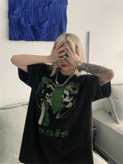 Vintage Rock Band Tee OS Washed Old High-Street Portrait Print Casual Loose Cotton Couple Tops T-Shirt For Summer Street King Limited