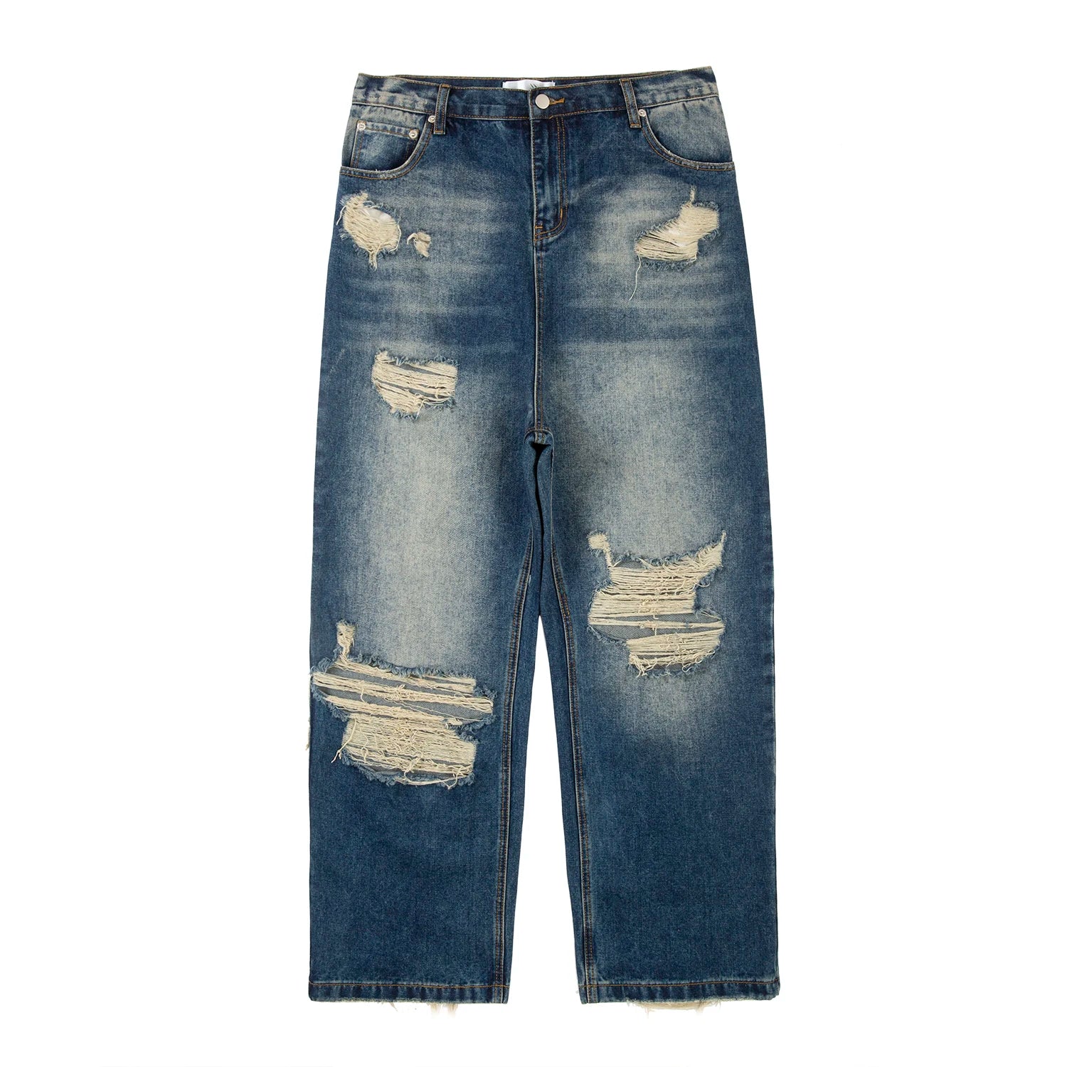 Hip Hop Washed Knee Hole Baggy Wide Leg Casual Jeans for Men Y2K Ripped Loose Distressed Denim Trousers Oversized Cargo Pants Street King Limited