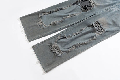 street wear retro hip hop distressed straight leg jeans vintage y2k tassel biker ripped denim pants mens washed destroyed jean unique jeans style 4401