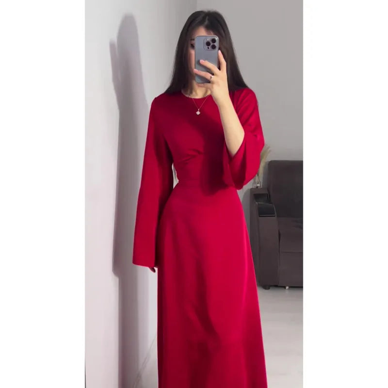 2024 Women Satin Long Dresses Sexy Lace Up Slim Evening Dresses Simple Round Neck Flare Sleeve Birthday Party Dresses For Women Street King Limited