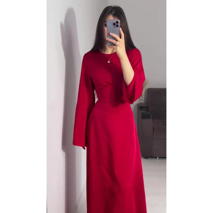 2024 Women Satin Long Dresses Sexy Lace Up Slim Evening Dresses Simple Round Neck Flare Sleeve Birthday Party Dresses For Women Street King Limited
