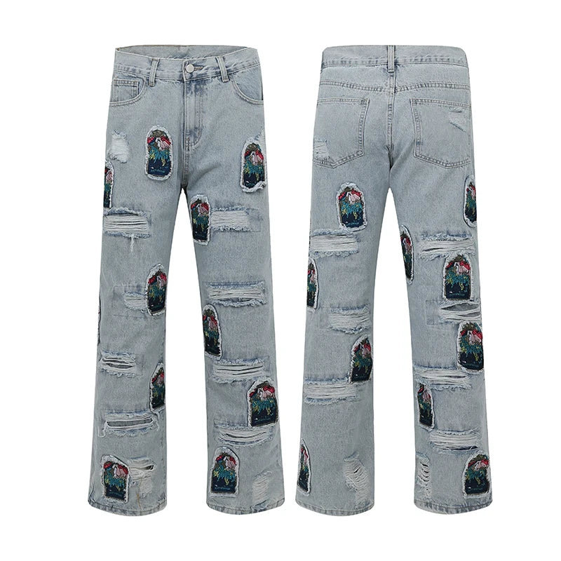 retro patch embroidered pleated jean for men street wear washed destroyed straight patchwork ripped jeans pants baggy hip hop unique jeans style 84
