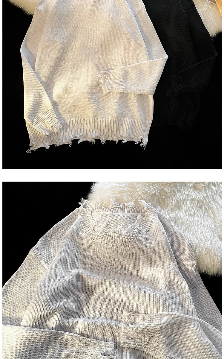 Men White Pullover Sweaters Ripped Harajuku Chic Couple O-neck Knitwear Casual Minimalist Long Sleeve Jumpers Homme Handsome Top Street King Limited