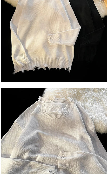 Men White Pullover Sweaters Ripped Harajuku Chic Couple O-neck Knitwear Casual Minimalist Long Sleeve Jumpers Homme Handsome Top Street King Limited
