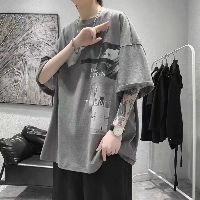 T-shirt men's 2024 summer new Korean style short-sleeved fat man versatile top student trendy T-shirt men clothing y2k tops emo Street King Limited