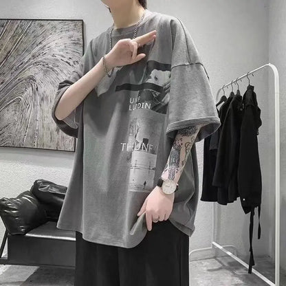 T-shirt men's 2024 summer new Korean style short-sleeved fat man versatile top student trendy T-shirt men clothing y2k tops emo Street King Limited