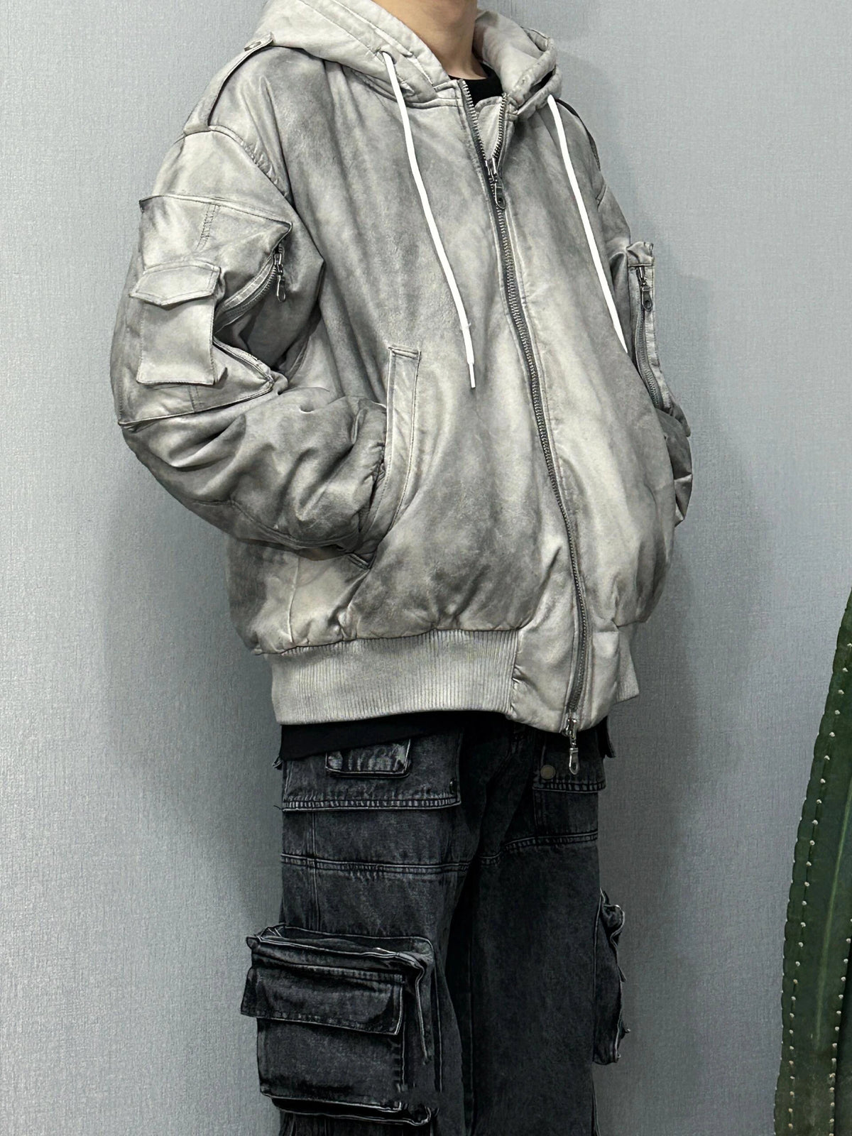 new arrival vintage heavyweight dirty grey double layer hooded leather jacket with multiple pockets zipper design cotton jacket unique default style 128