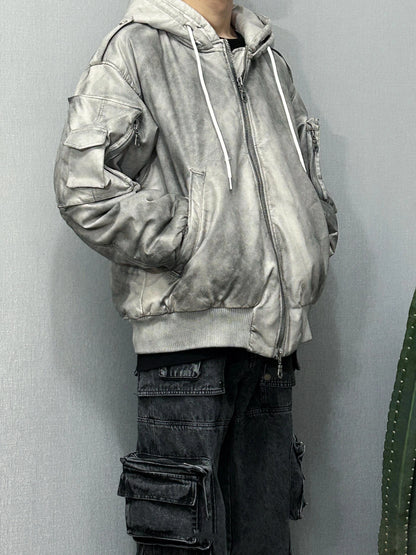 new arrival vintage heavyweight dirty grey double layer hooded leather jacket with multiple pockets zipper design cotton jacket unique default style 128