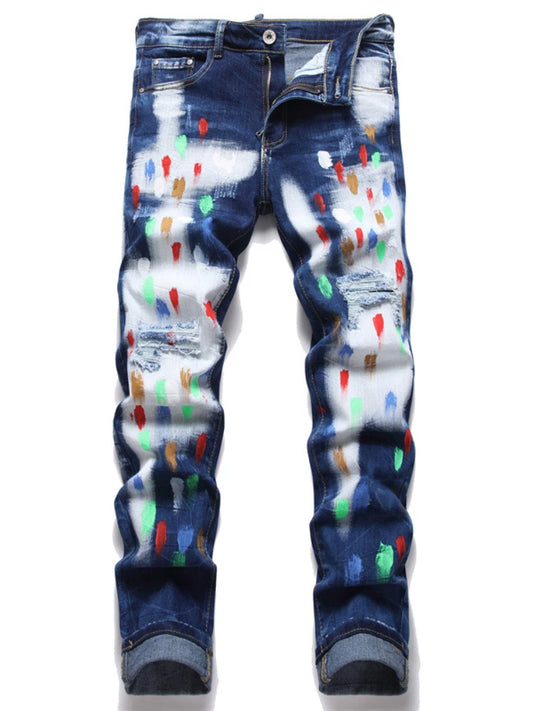 fashion distressed white washed denim jean pants colorful graffiti printed casual biker hip hop jeans slim joggers mens jeans urban active pants