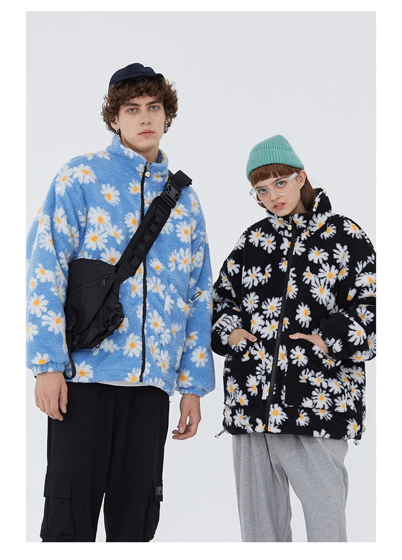 rainbowtouches cotton padded thick parkas jackets streetwear hip hop daisy print fleece warm full zip coats harajuku outwear unique default style 4400