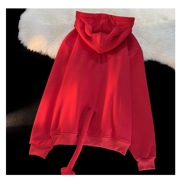 Y2K Kawaii Devil Horn Tail Hip Hop Badge Print Hoodies Cardigan Couples Street Loose Casual Zip Up Sweatshirt Harajuku Clothes Street King Limited