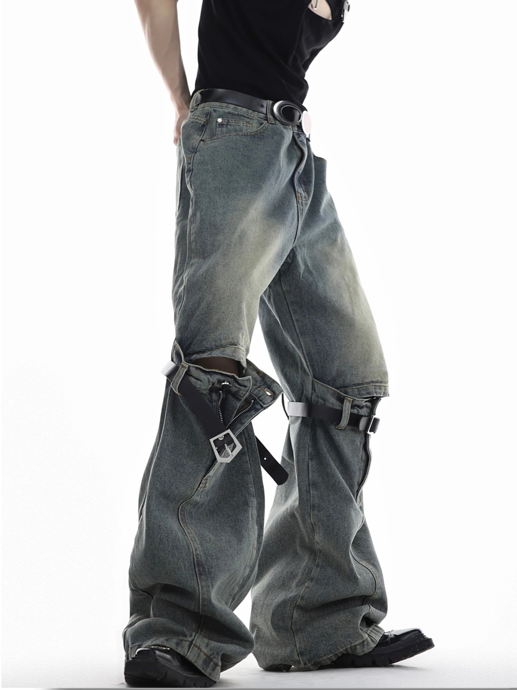 mens knee patchwork belts denim jeans unisex hip hop fashion streetwear harajuku loose flare straight y2k jean pants joggers unique joggers style 3278