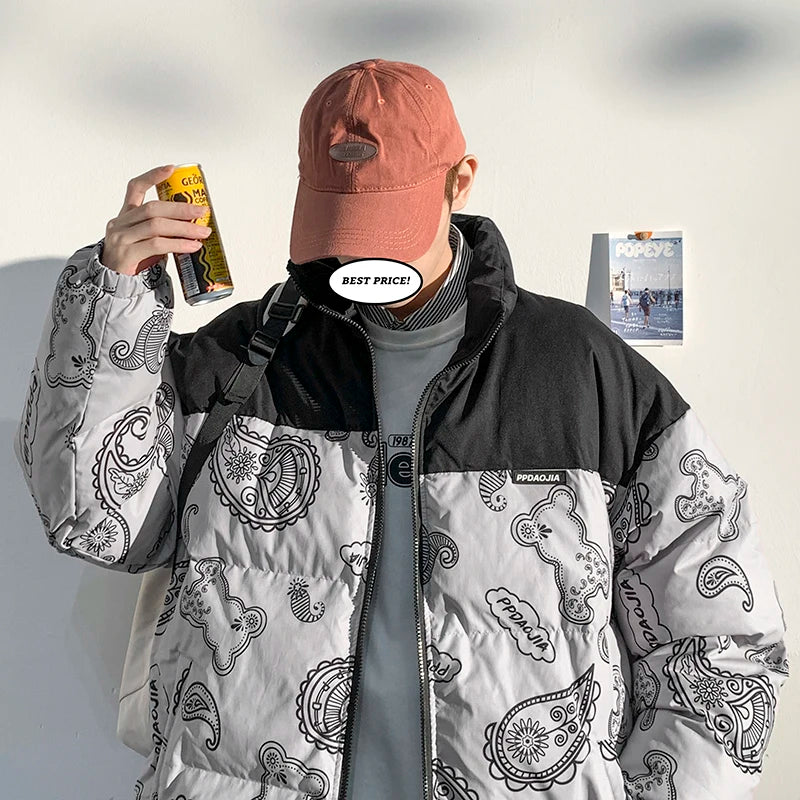 Men Japanese Streetwear Puffer Jackets 2023 Winter Mens Full Print Fashions Bubble Coat Couple Patchwork Thick Parkas Street King Limited