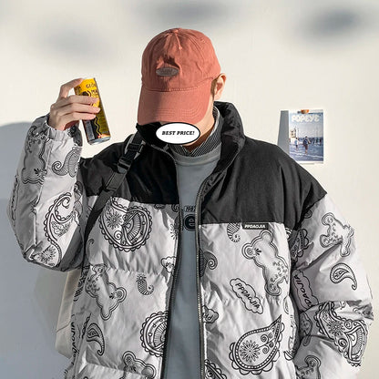 Men Japanese Streetwear Puffer Jackets 2023 Winter Mens Full Print Fashions Bubble Coat Couple Patchwork Thick Parkas Street King Limited