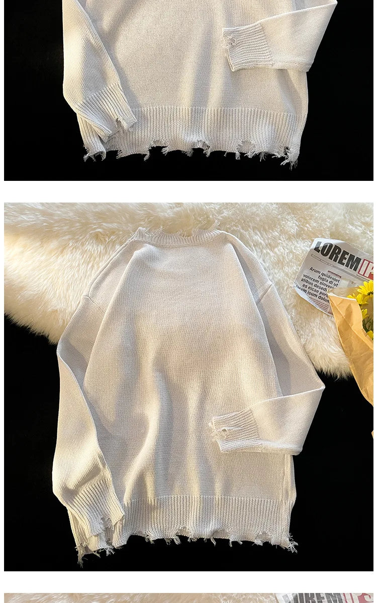 Men White Pullover Sweaters Ripped Harajuku Chic Couple O-neck Knitwear Casual Minimalist Long Sleeve Jumpers Homme Handsome Top Street King Limited